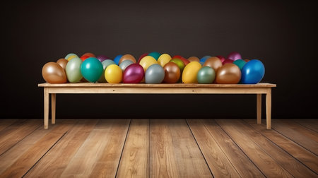 Empty wood table top kids birthday party, background blurred,  concept ready for product montage, by ai generativeの素材