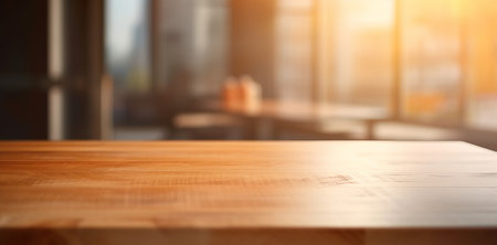 Empty wood table top counter and blur bokeh, blurred school interior background in clean and bright concept, ready for product montage, by ai generativeの素材