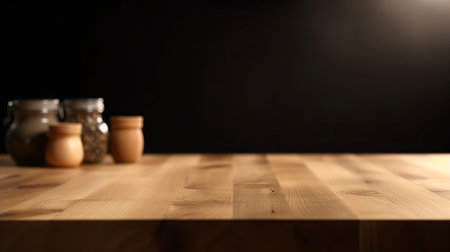 Empty wood table top, with dishes, blurred modern  interior background, ready for product montage, by ai generativeの素材