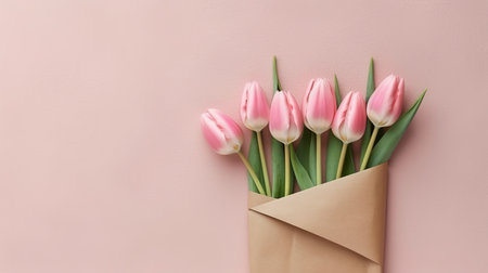 Pink tulips on pink background in envelope. Flat lay top view, mothers day with love, by ai generativeの素材