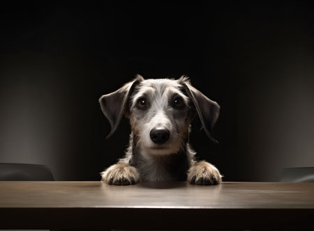 dog looking over the table and  Sits at the table like  human being, lots of free space for mounting products, by ai generativeの素材