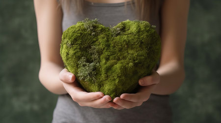 womans hands holding green heart of grass on green background, World environment day, earth day and save earth concept, by ai generativeの素材