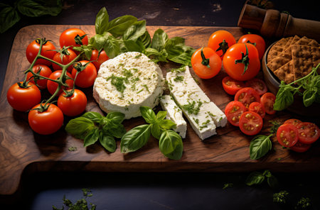 Tasty blue cheese with basil and tomato on wooden background. Dorblu cheese pieces with tomato, by ai generativeの素材