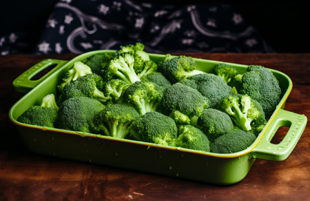 Fresh green broccoli in plate on wood table in the kitchen., by ai generativeの素材
