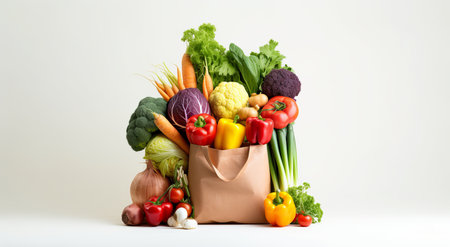 Paper tote bag filled with fresh vegetables and fruits on white background, by ai generativeの素材