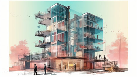 engineer working. digital building construction engineering with double exposition in graphic, by ai generativeの素材