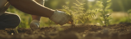 hands plant plants, local food production. trees in the ground close up. Concept of Save World, Earth day and Community Engagement, ultra wide format, by ai generativeの素材