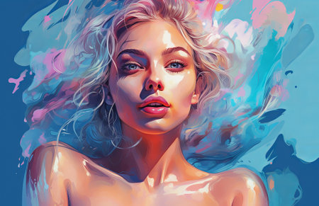 face of a young woman with clean beautiful skin with stylish makeup and full of colorful splashes of cosmetics and purple cream, by ai generativeの素材