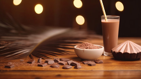 Empty wood table top with cacao cocktail, blurred background in clean and bright concept, ready for product montage, by ai generativeの素材