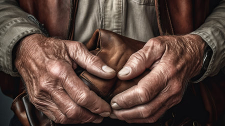 empty wallet in the hands of a poor person who has no money to pay for losing everything, by ai generativeの素材