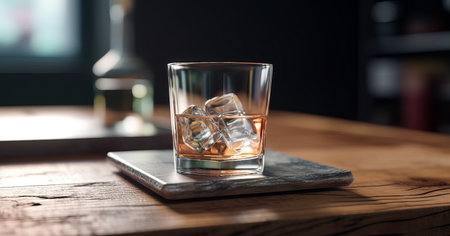 Empty wood table top with whiskey, blur bokeh background, blurred bar interior with glass of brandy, ready for product montage, by ai generativeの素材