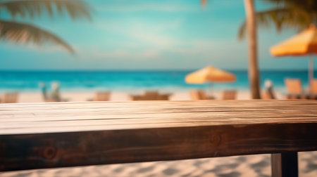 Empty wood table top, blurred tropical beach background in clean and bright concept, ready for product montage, by ai generativeの素材