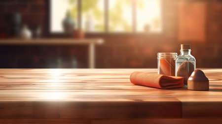 Wood table top with blurred spa interior background, ready for product montage, by ai generativeの素材