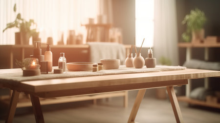 Empty wood table top with blurred spa interior background, clean and bright concept, ready for product montage, by ai generativeの素材