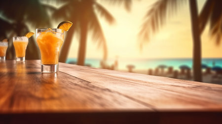 Empty wood table top, blurred tropical beach background in clean and bright concept, ready for product montage, by ai generativeの素材