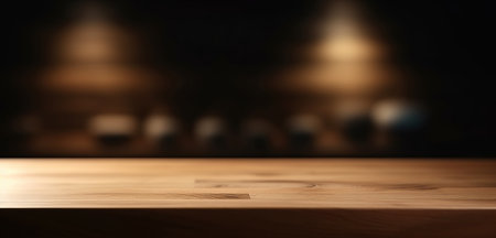 Empty wood table top, blurred modern  interior background in clean and bright concept, ready for product montage, by ai generativeの素材