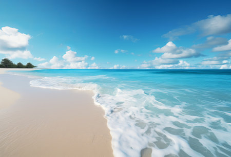 blue water beach with turquoise sand and the sun shining, beach in the sun and cloudy sky, sunny beach with blue water and sunshine, by ai generativeの素材