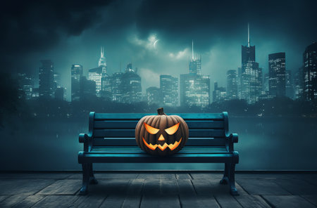 halloween pumpkin scene at night with scarecrows and bats, in the style of mysterious backdrops, halloween dark background image, by ai generativeの素材