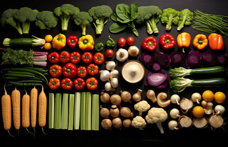 Fresh healthy vegetables arranged by colors on table, by ai generativeの素材