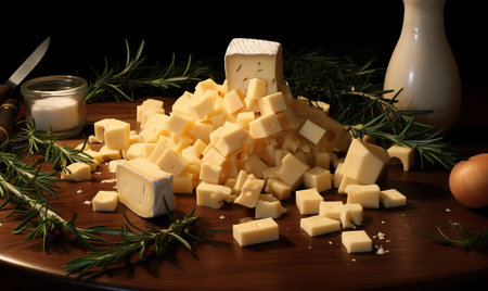 Cheese with rosemary full depth of field. Hard cheese with spices beautiful still life, by ai generativeの素材