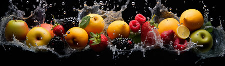 Creative layout made of fruits with water splashes on black background. Flat lay., by ai generativeの素材