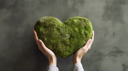 womans hands holding green heart of grass on grey background, World environment day, earth day and save earth concept, by ai generativeの素材