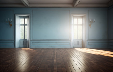 empty room interior with sunlight coming through the window and shadow lighting with spotlight, showroom studio with wooden floor and blue wall, minimal concept, by ai generativeの素材