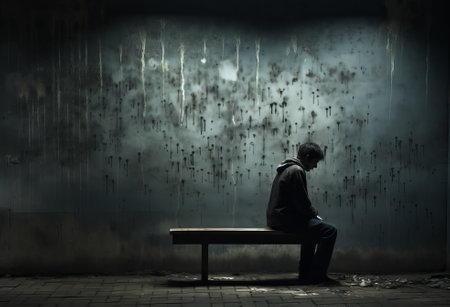 silhouette of person in dark corridor, in style of psychological, children mental health, woman with sad expression on face, by ai generativeの素材