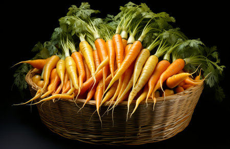 Colorful carrot with their green leaves in a box on wooden background, top view, by ai generativeの素材