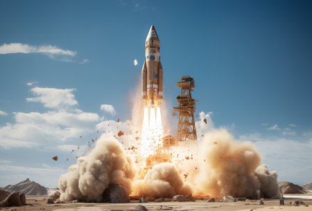 rocket is fired up to launch a launch pad. acroecosmosphere spacecraft launch, by ai generativeの素材