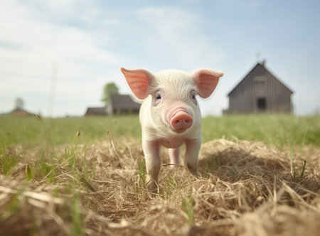 one pig on green field near grass and crops on the back of farm, by ai generativeの素材