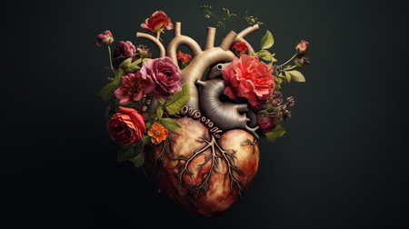 real human heart with flowers growing on top. love concept on black background flat lay., by ai generativeの素材