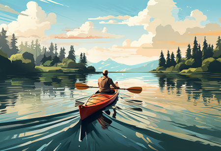 Rear view of woman in canoe. Active, adventure, outdoors, canoeing, kayaking, by ai generativeの素材