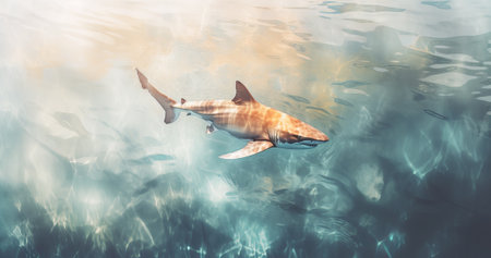 Ocean shark bottom view from below. Open toothy dangerous mouth with many teeth. Underwater blue sea waves clear water shark swims forward, by ai generativeの素材