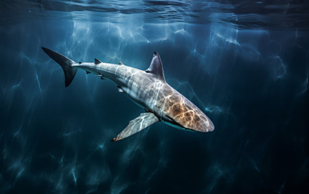 Ocean shark bottom view from below. Open toothy dangerous mouth with many teeth. Underwater blue sea waves clear water shark swims forward, by ai generativeの素材