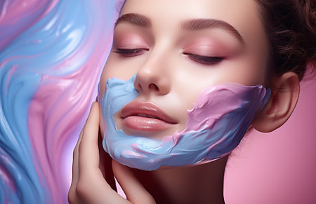 face of a young woman with clean beautiful skin with stylish makeup and full of colorful splashes of cosmetics and cream, by ai generativeの素材
