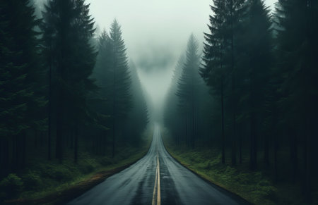 Road in foggy forest in rainy day. Beautiful mountain curved roadway with fog and overcast sky. Landscape with empty wet asphalt road. empty highway lined, by ai generativeの素材
