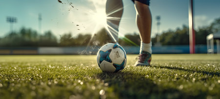 player playing soccer with ball, close up of foot and ball on green grass, by ai generativeの素材