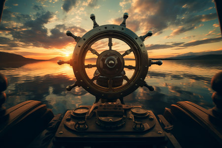 wooden rudder of an old ship in the ocean at sunset. Sunrise on a sea voyage, by ai generativeの素材
