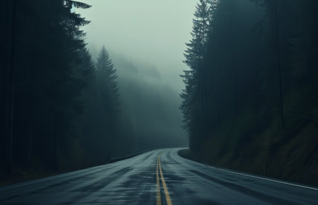 Road in foggy forest in rainy day. Beautiful mountain curved roadway with fog and overcast sky. Landscape with empty wet asphalt road. empty highway lined, by ai generativeの素材