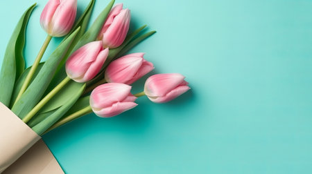 Pink tulips on blue background in envelope. Flat lay top view, mothers day with love, by ai generativeの素材