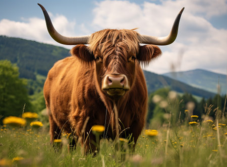 breeding bull on a green meadow with the farm is blurred in the background, by ai generativeの素材