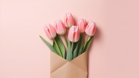 Pink tulips on pink background in envelope. Flat lay top view, mothers day with love, by ai generativeの素材