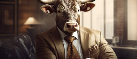 man with bull head in a business suit, alpha male in a suit. businessman leader, crypto trader concept, by ai generativeの素材