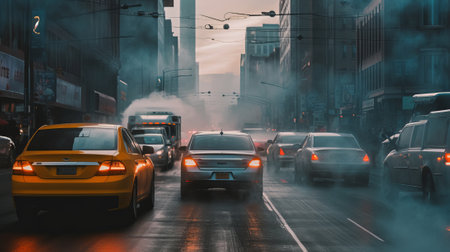 traffic and vehicles driving down the street with air perspective, by ai generativeの素材