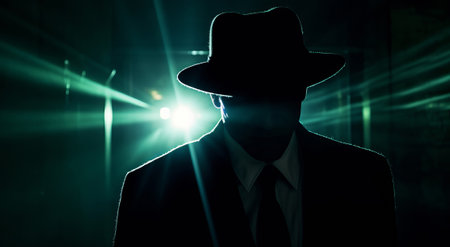 man wearing hat and trenchcoat is standing in front of dark background, spy watches from the dark, killer waits in the dark, by ai generativeの素材