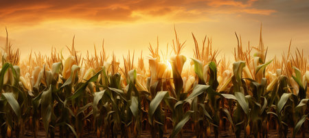 Young green corn growing on the field at sunset. Young Corn Plants. Corn grown in farmland, cornfield., by ai generativeの素材
