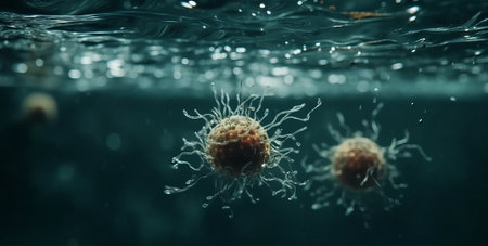 Realistic Macro shot of different types of microbes. Virus cells and bacteria, by ai generativeの素材