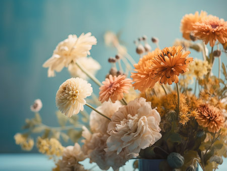 A bouquet of summer flowers on a blue background, by ai generativeの素材