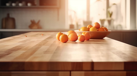 Empty wood table top counter and blur bokeh, blurred modern kitchen interior background in clean and bright concept, ready for product montage, by ai generativeの素材